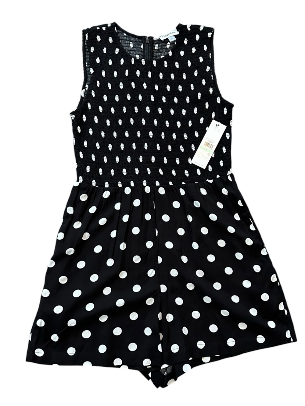 CALVIN KLEIN black & white polka dot smocked top shorts romper sz 8 - NWT!